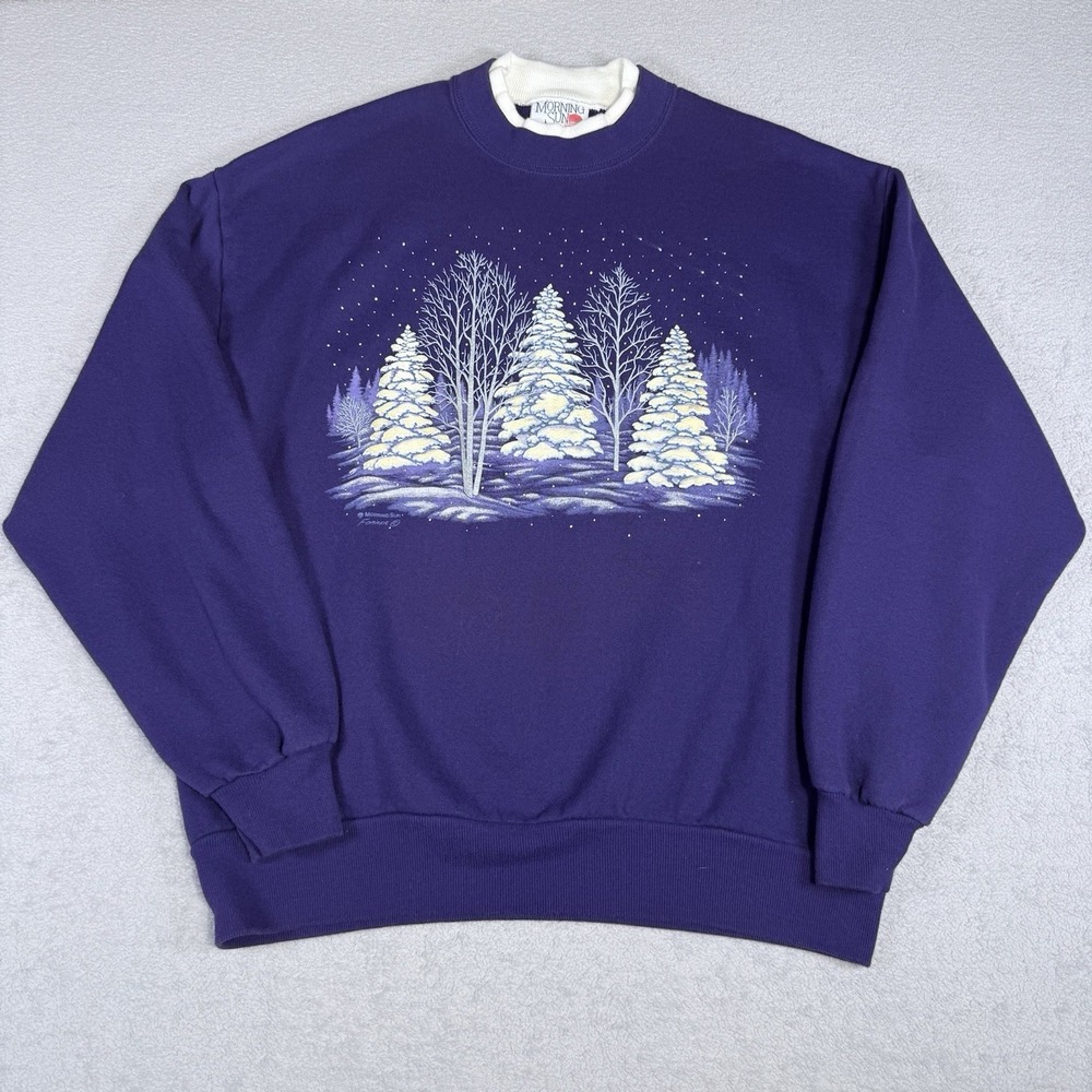 Vintage 90s Morning Sun Jerzees L Purple Snowy Forest Winter Sweatshirt USA Made
